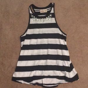 Navy and white tank top jewels on neck